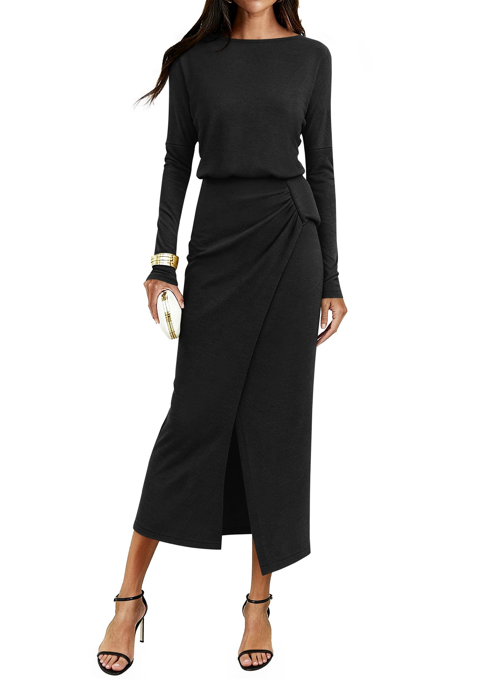 KIRUNDO Womens Cocktail Wedding Guest Maxi Dress Lightweight Long Sleeve Boat Neck Knit Ruched Slit Slimming Dresses
