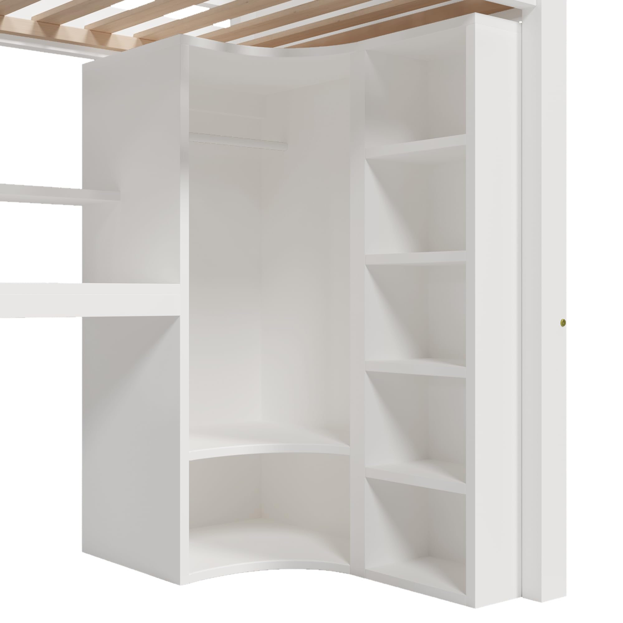 Moimhear Hochbett, Mit LED-Leuchten, Kleiderschrank und Schreibtisch, mit Schubladen und Staufächer, Ohne Matratze, Weiß (90x200cm)