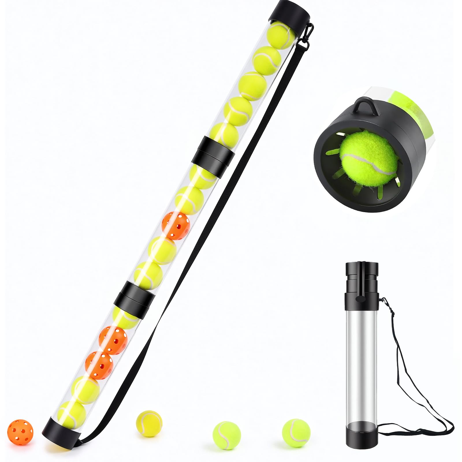 17 Pickleballs & 18 Tennis Balls Picker Upper – Collapsible No-Bend Retriever Tube with Shoulder Strap, Lightweight Portable for Indoor & Outdoor Court Practice