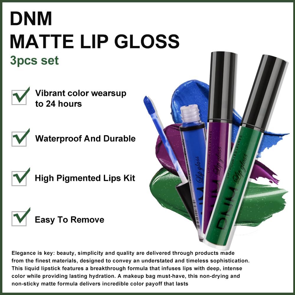 evpct 3Pcs Dark Black Green Purple Matte Liquid Lipstick Lip Stain Sets for Women Long Lasting Waterproof, 24 Hours Goth Lipstick labiales matte mate larga duracion listip 24 hours, 19#: Set21-Blue & Dark Purple & Emerald Green 0.21 Fl Oz (Pack of 3)