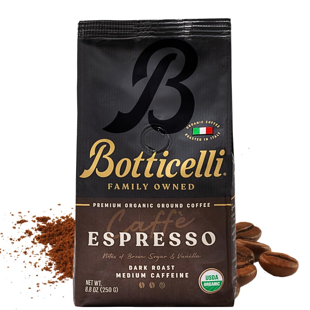 Botticelli Espresso Blend Ground CoffeeUSDA Organic, Medium Caffeine, Dark Roast 8.8ozUSDA Organic
