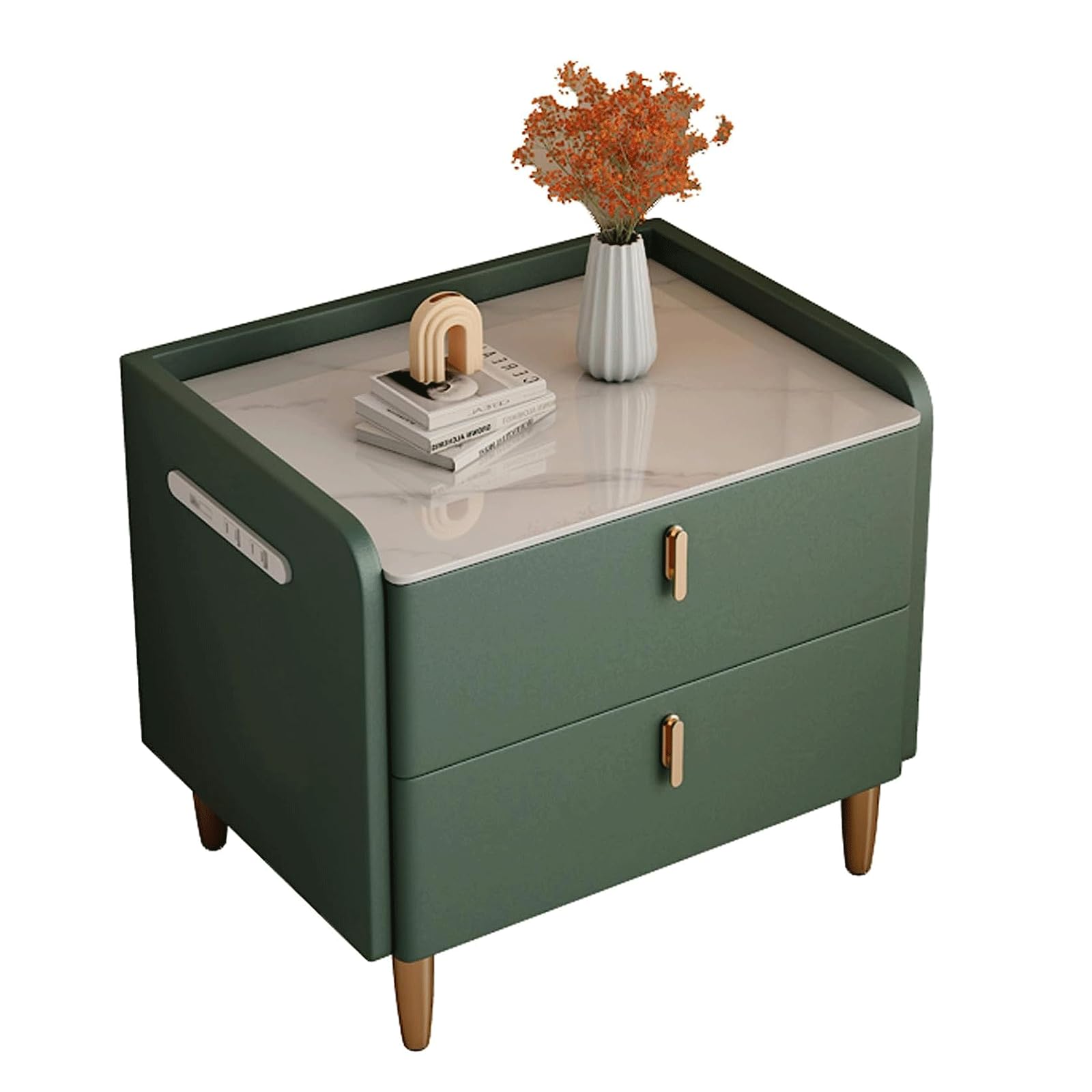 Table de chevet en marbre et cuir avec 2 tiroirs de rangement chic
