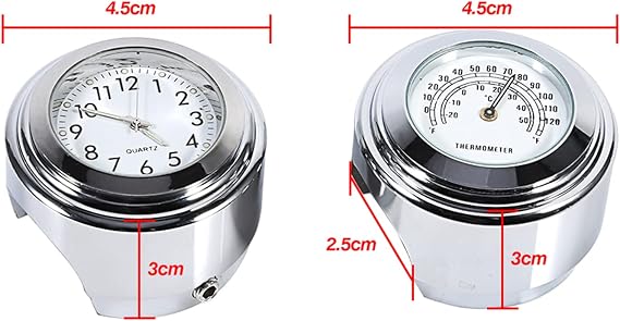 Motorcycle Handlebar Clock & Thermometer Set - Waterproof, Shock-Resistant, Glow-in-Dark Dial, White Face, Chrome Plated, Fits 7/8 & 1 Handlebars