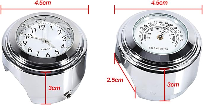 Motorcycle Handlebar Clock & Thermometer Set - Waterproof, Shock-Resistant, Glow-in-Dark Dial, White Face, Chrome Plated, Fits 7/8 & 1 Handlebars
