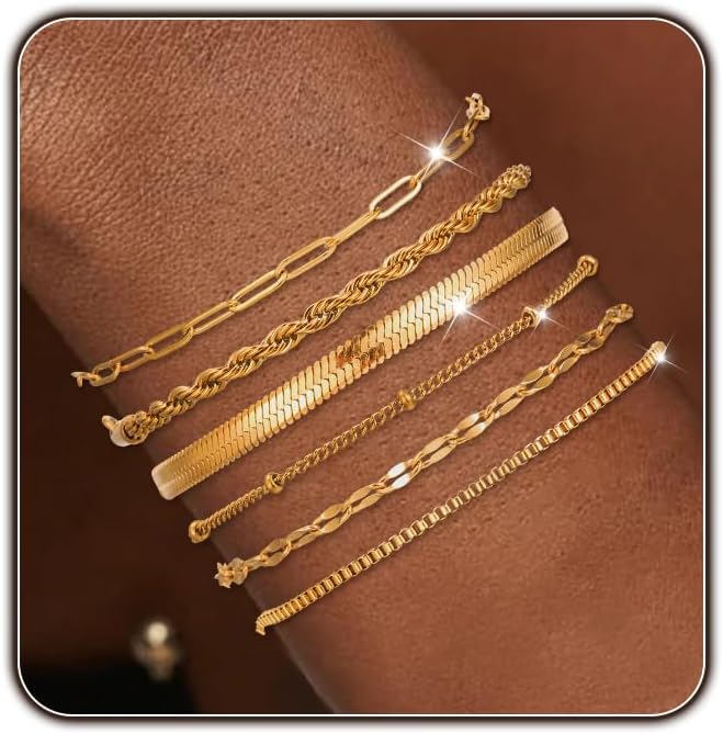 Gold Bracelets for Women Waterproof Tarnish Free Jewelry Sets Trendy Dainty Stackable Cuban Link Paperclip Silver Beaded Chain Bracelet Stack Sorority Rush Jewelry Fashion Accessories Gifts for Women3