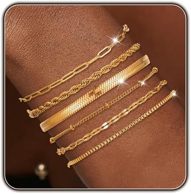 Bracelets en argent d'or pour les femmes Imperméable Bijoux Sets Trendy mince Dainty Stackable Cuban Link Paperclip Chaîne Bracelet Pack Accessoires de mode Cadeaux pour les Femmes