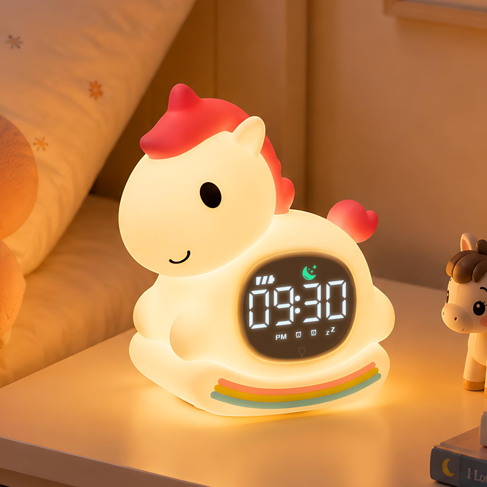 Réveil avec veilleuse pour enfants avec entraînement au sommeil et machine sonore, lampe rechargeable en silicone pour réveiller, lampe de table en forme d'animal mignon, compagnon de sommeil parfait