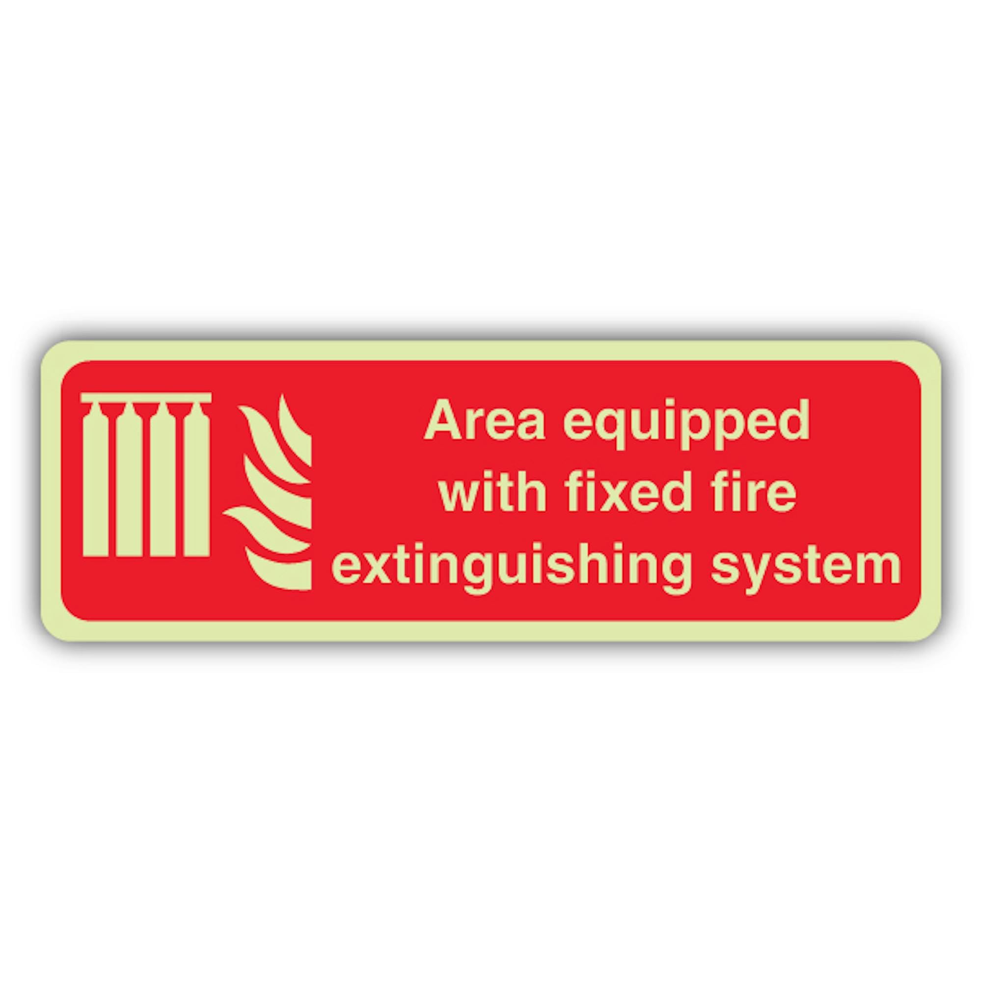 V Safety - Señal de seguridad que brilla en la oscuridad equipada con sistema fijo de extinción de incendios, formato horizontal, 600 x 200 mm, hecho de plástico rígido de triple brillo, señalización