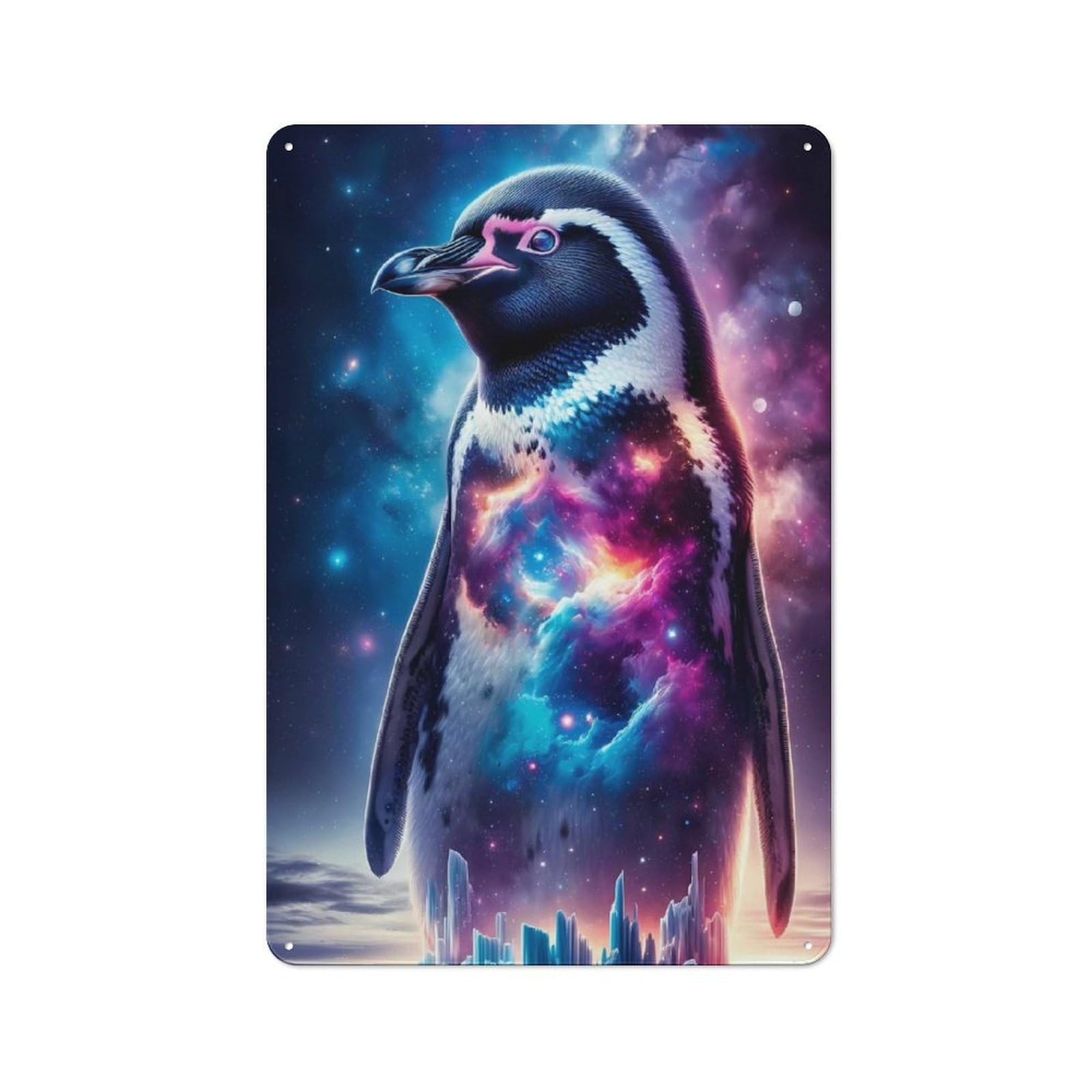 Cosmic Penguin Tin Wall Sign, Bright Printed Design, for Dining Room, Entrance, Cafe Or Christmas Corner, 30x20cm