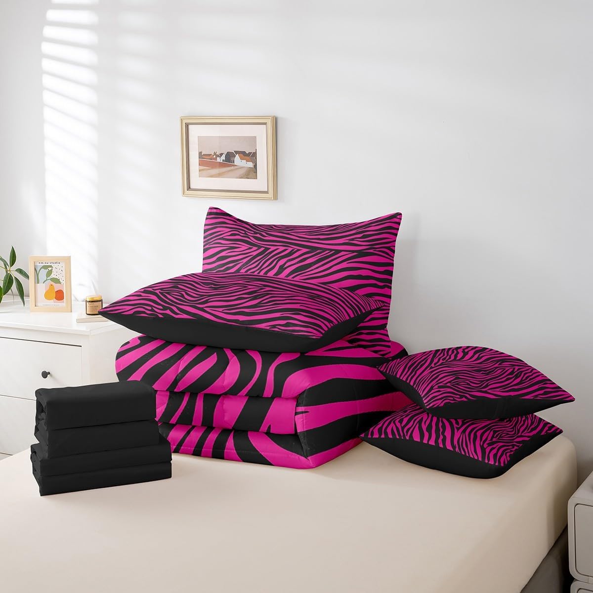 Feelyou Zebra Bedding Set for All Season Full Size Animal Print 7 Pieces Comforter Sets for Kids Boys Girls Decor Hot Pink Bed in a Bag with Comforter, Sheets, Pillowcases & Cushion Cover