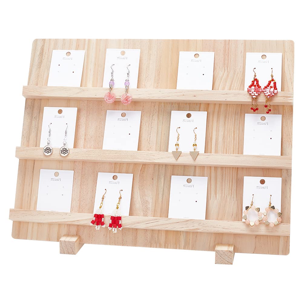 DELORIGIN 3-Tier Rectangle Earring Display Card Stands, Wooden Earring Display Holder for Earring, Ring, Necklace, Bracelet Storage, White, 5.51 x 15.7 x 11.22 Inches