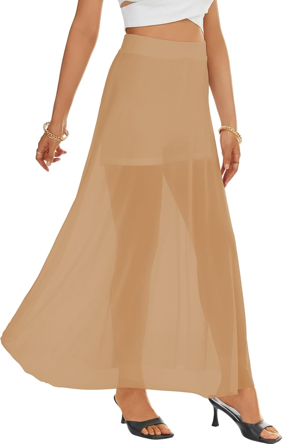 KIFOVEN Women's Sheer Mesh Maxi Skirt High Waist Flowy A Line See Through Long Skirt - Image 4