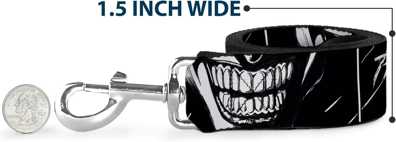 DC Comics ペットリーシュ、犬用リード、ジョーカーの笑顔の目スケッチクローズアップブラック、ホワイト、長さ4フィート、幅1.