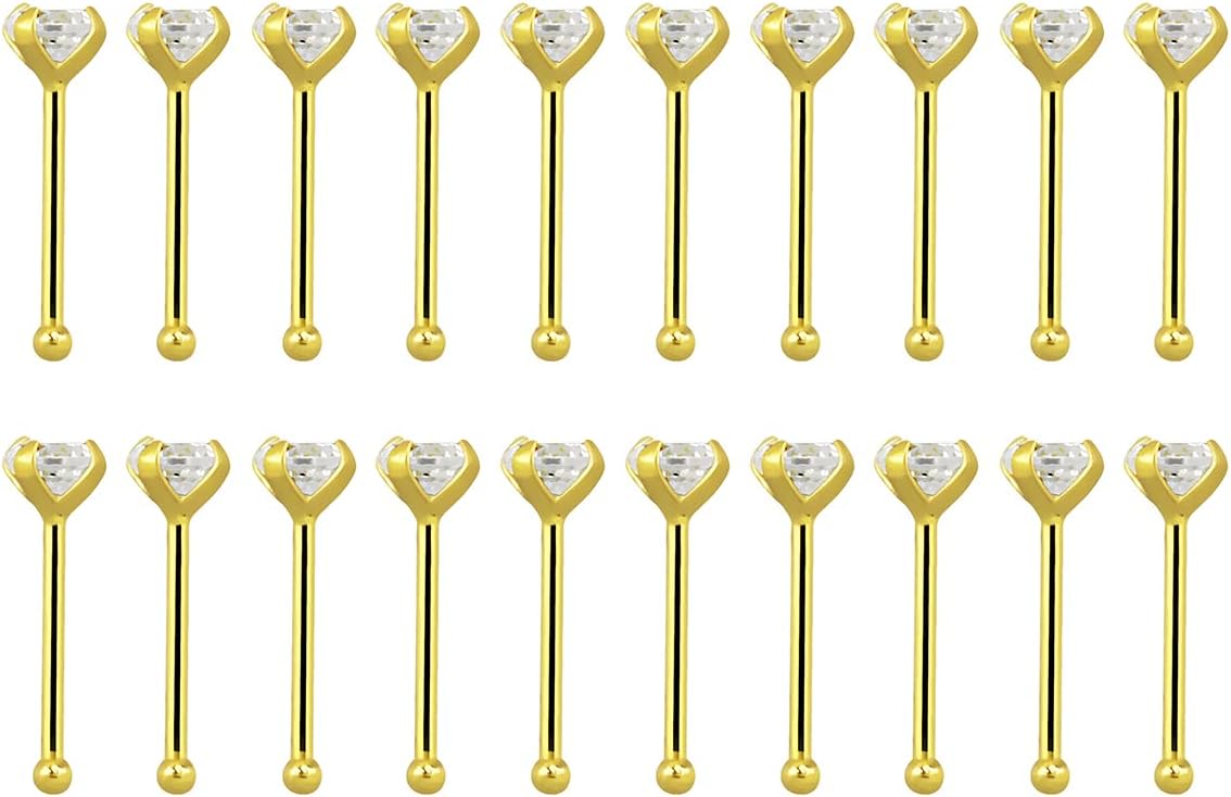 20PCS 18k Gold Plated 925 Sterling Silver 22G 6mm (1/4") Nose Bone Stud Ring/ 11mm (7/16") Bendable Fishtail Nose Ring Studs 1.5mm 2mm Jeweled Piercing Jewelry