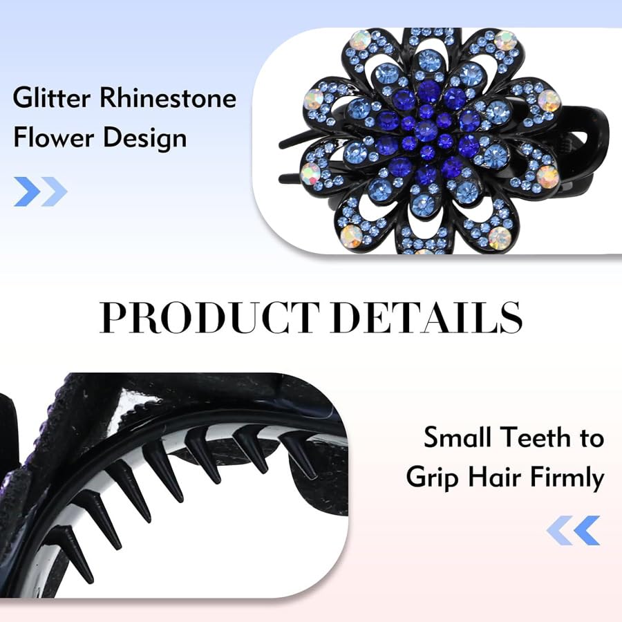 Shimmering Crystal & Rhinestone Flower Hair Clips - 3 PC Vintage Duckbill and Ponytail Clip Set, Elegant Barrettes Hair Accessories for Women