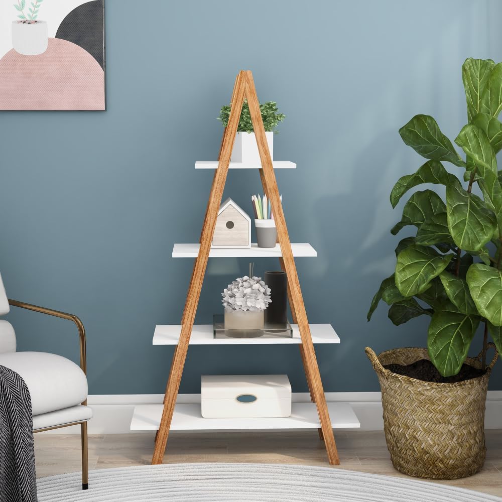 Modern A-Frame Ladder Bookshelf with 4-Tier Wooden Display Shelves for Living Room, Bedroom or Office Storage