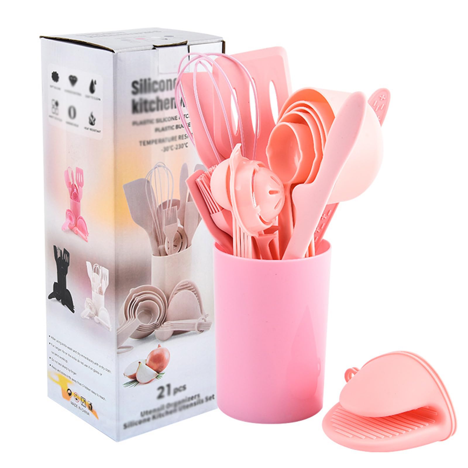 21 Stück Küchenhelfer Set, Silikon Schwarz Küchenset Küchenutensilien Mit Utensilienhalter, Antihaft Hitzebeständiger Kochbesteck Kochutensilien Set Für Kochen, Gesund, Leicht Zu Reinigen ,Pink
