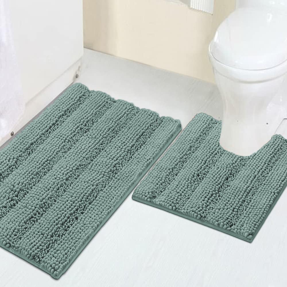 Turquoize duckegg blue chenille bath mat 20x32 plus U-shaped toilet rug 20x20. | Mubboo