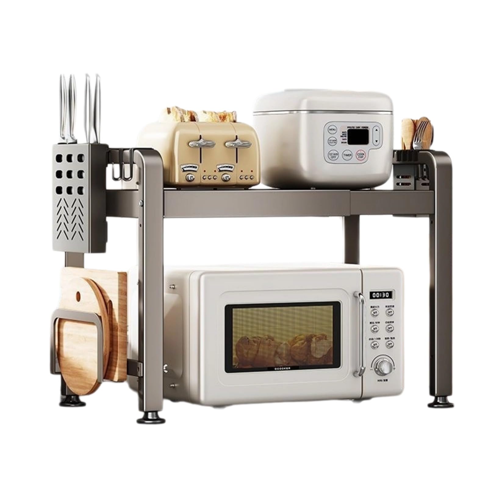 Estante extensible para horno microondas, estante ajustable para encimera de cocina, con soporte para tabla de cortar y 6 ganchos, soporte para microondas, organizador de encimera de cocina