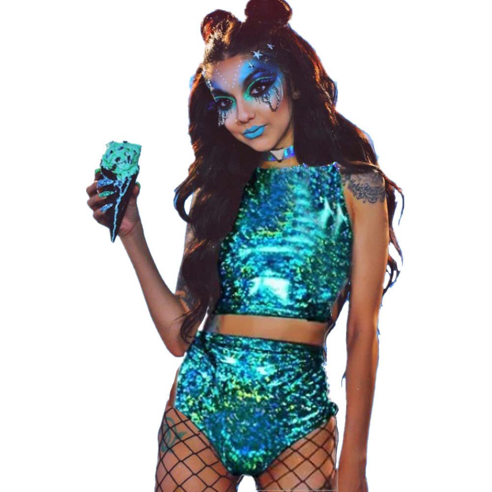 Fenyongwomens Sparkle Holographic Bodysuit Metallic Crop Top And