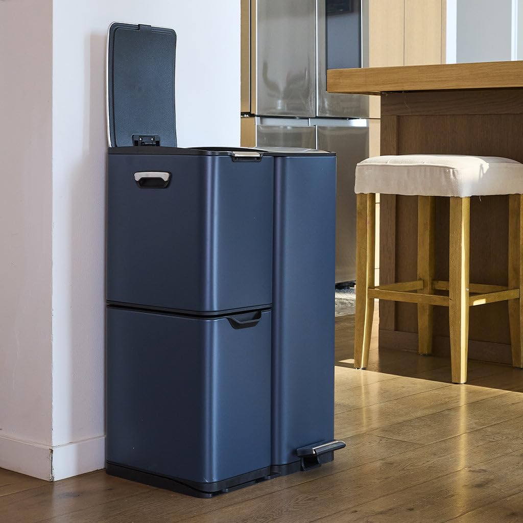 KITCHEN MOVE Poubelle de cuisine à pédale tri sélectif recyclage 60L(13+17+30L) HAJA en acier Inox Gris avec seau
