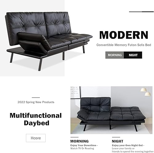 Miniatura 5 de Vyfipt Sofá cama tipo futón, sofá pequeño de espuma viscoelástica de piel sintética para sala de estar, sofá biplaza moderno con reposabrazos Negro