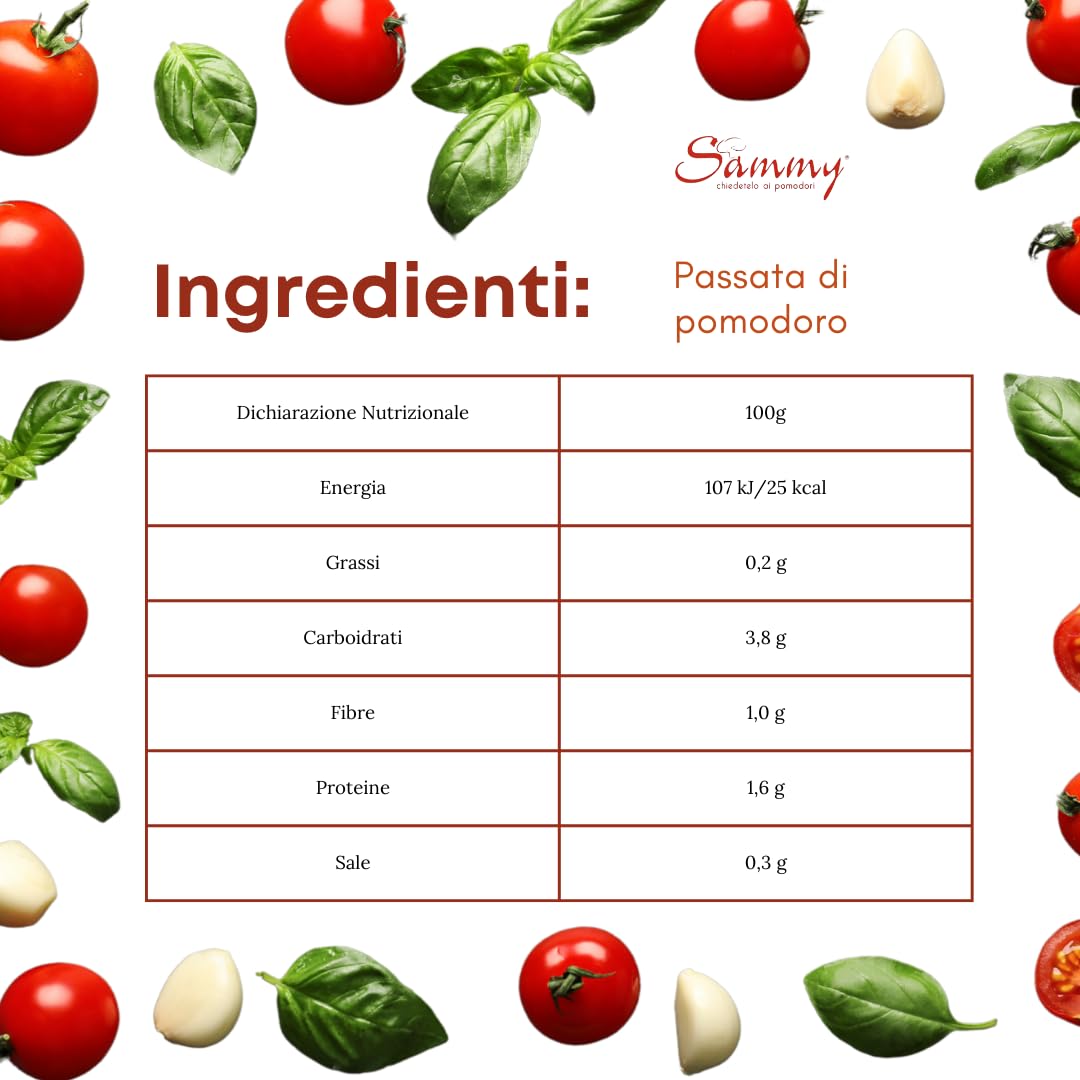 SAMMY - Passata di Pomodoro, Ideale per Sughi e Piatti Gourmet, 100% Filiera Italiana, Gusto Dolce e Intenso, 24 Pezzi in Latta da 400gr