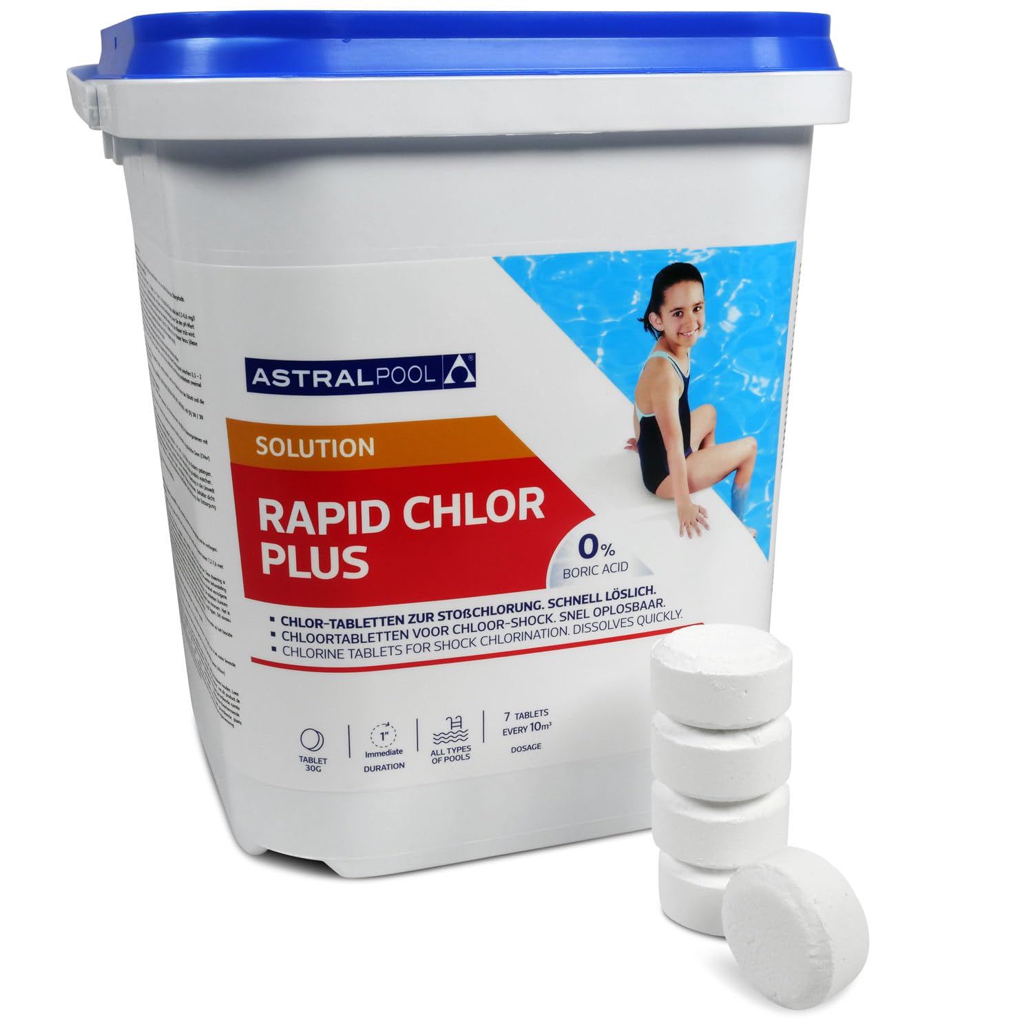 Astral Pool Rapid Chlor Plus 5 Kg Schnelllöslicher Chlor-Fixtab 30g zur Stoßchlorung Schockbehandlung Basisbehandlung Schnelldesinfektion