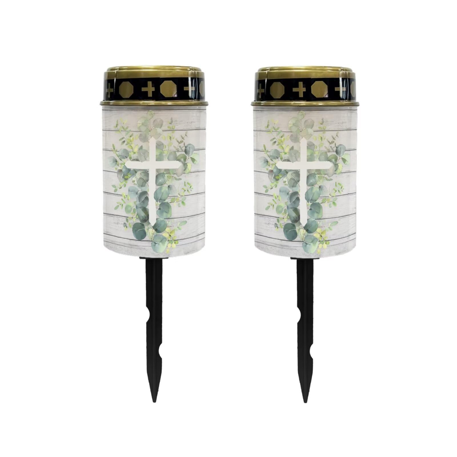 Poceacles Cross Solar Lights Outdoor Grave Solar Lights for Cemetery Decoration Solar Outdoor Lights Cemetery Solar Lamp for Garden Backyard Pathway Decor, Eucalyptus Leaf Cross Wood Grain, Pack of 2