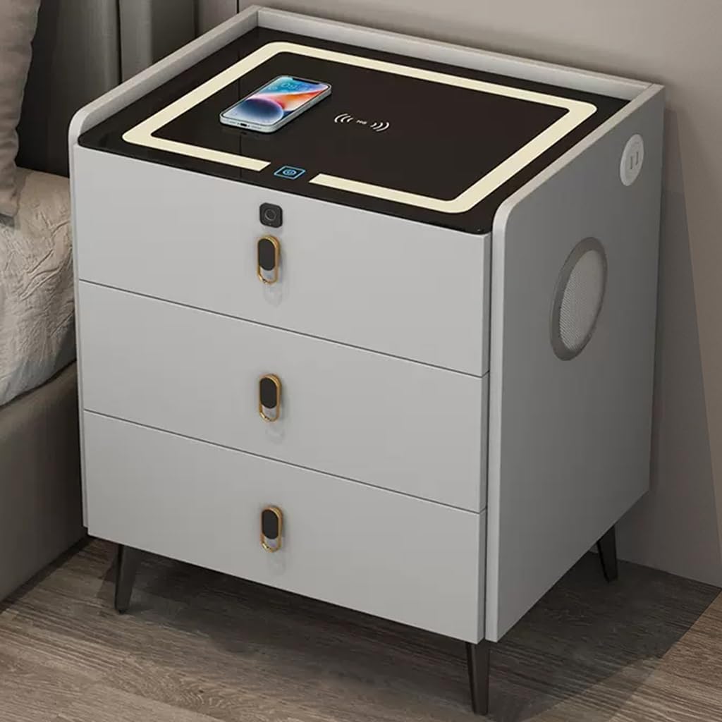 BHGFYXBS Nightstand With Charging Station And Usb Ports, Wooden Bedside Tables With Fingerprint Lock, Led Smart Nightstand For Bedroom