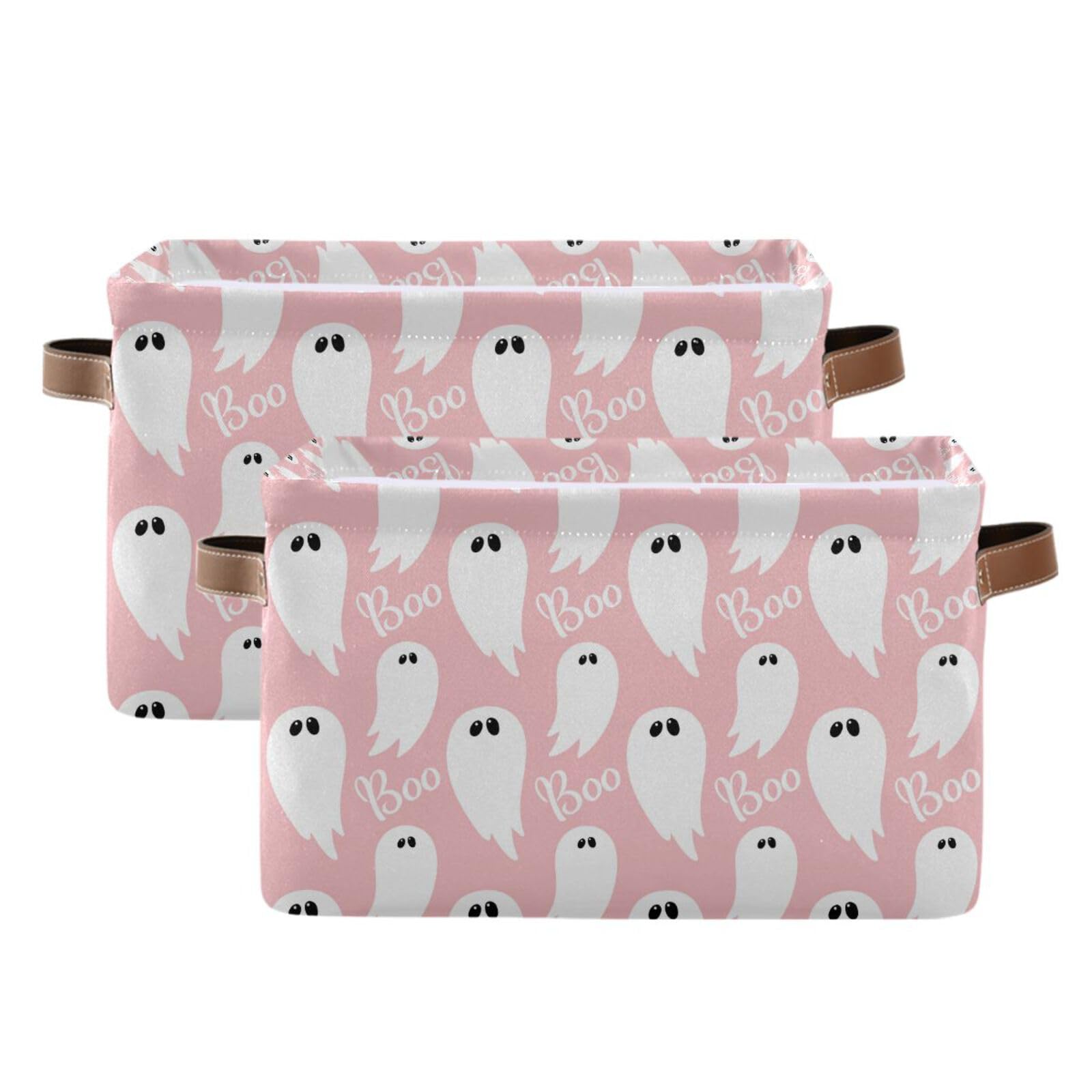Pfrewn Halloween Baby Gift Storage Basket Pink Ghost Boo Collapsible Rectangular Storage Boxes Organizer Shelf Basket Toy Book Storage Bin for Nursery 16×12×8 IN