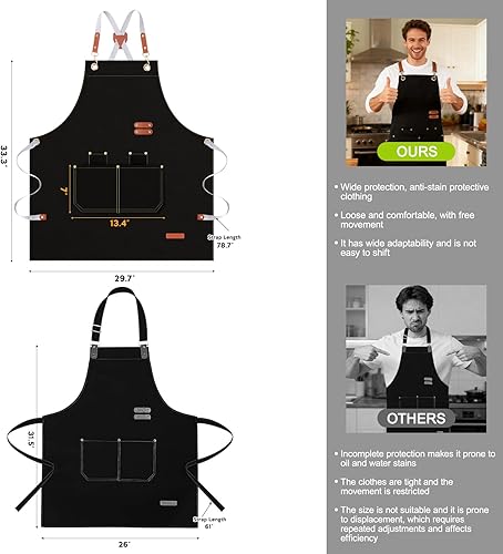 Miniatura 2 de GNDKDY Delantal de chef con bolsillos, delantal de trabajo negro para hombres y mujeres, delantales de cocinajardineríapeluquería para cocinar,
