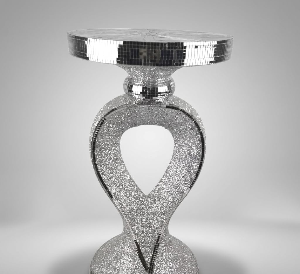 Bargain Brooz Silver Heart Shape Mirrored Mosaic End Table – Crushed Crystal Glitter Bling Vase Stand | Luxury Accent Side Table For Living Room, Bedroom & Home Decor Bb-388