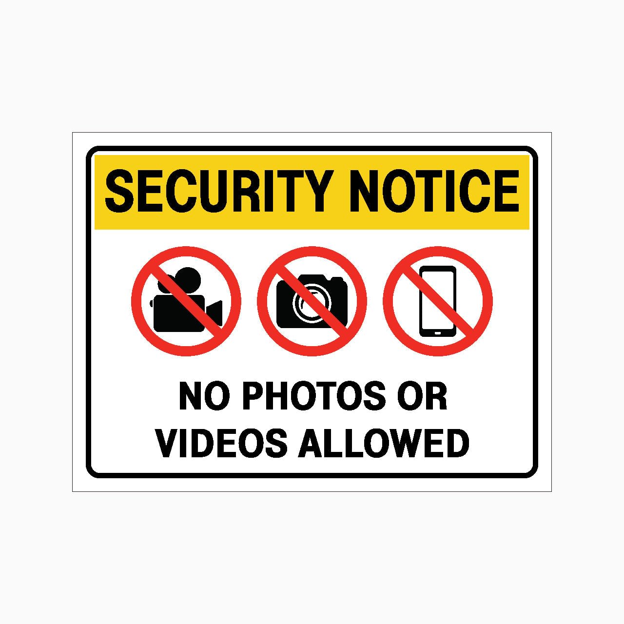 No Photos Or Videos Allowed Sign L7297, 12x8 Inch Metal Tin Sign, Security Restriction Notice Sign