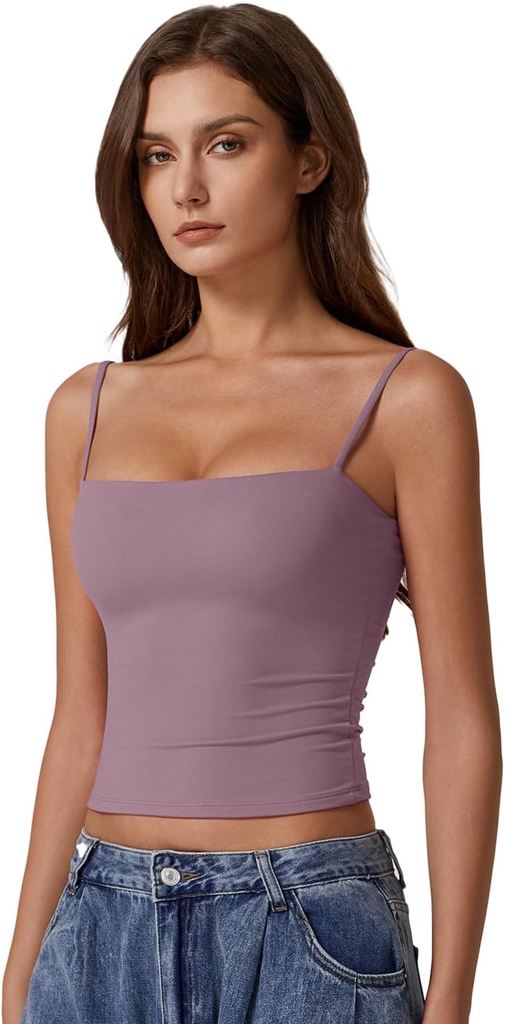 QINSEN Women's Double Lined Basic Tank Top Adjustable Spaghetti Straps Sleeveless Camisole Shirts - Image 4