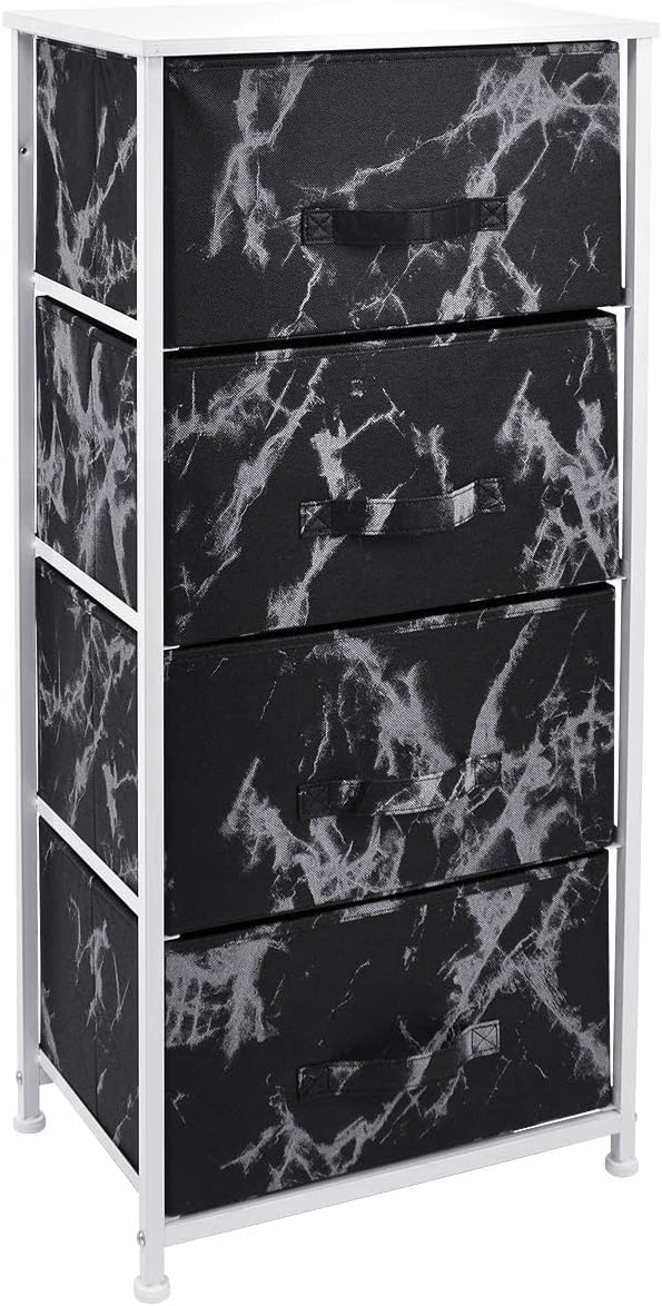 Sorbus Nightstand Chest with 4 Drawers - Bedside Furniture End Table & Dresser for Clothing, Bedroom Accessories, Dorm, Steel Frame, Wood Top, Easy Pull Fabric Bins (Black – White Frame)