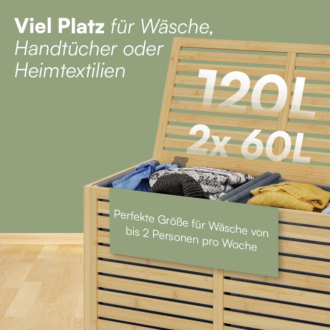Bellamio Newa Wäschekorb aus Bambus – Wäschesammler mit 2 Fächern je 60 L – Wäschetonne mit Deckel – Wäschesack herausnehmbar & waschbar aus Oxford Gewebe – Wäschetruhe – Wäschebox 62x33x70 cm (HxTxB)
