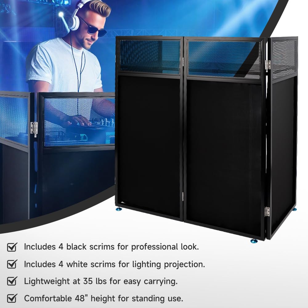 DJ-Kabinentisch mit schwarz-weißem Scrim, faltbarer DJ-Ständer aus Metall mit Kabelmanagement und Tragetasche, 111,8 x 50,8 cm Workstation für mobilen DJ, Hochzeit, Party, Event, DJ-Controller, Laptop