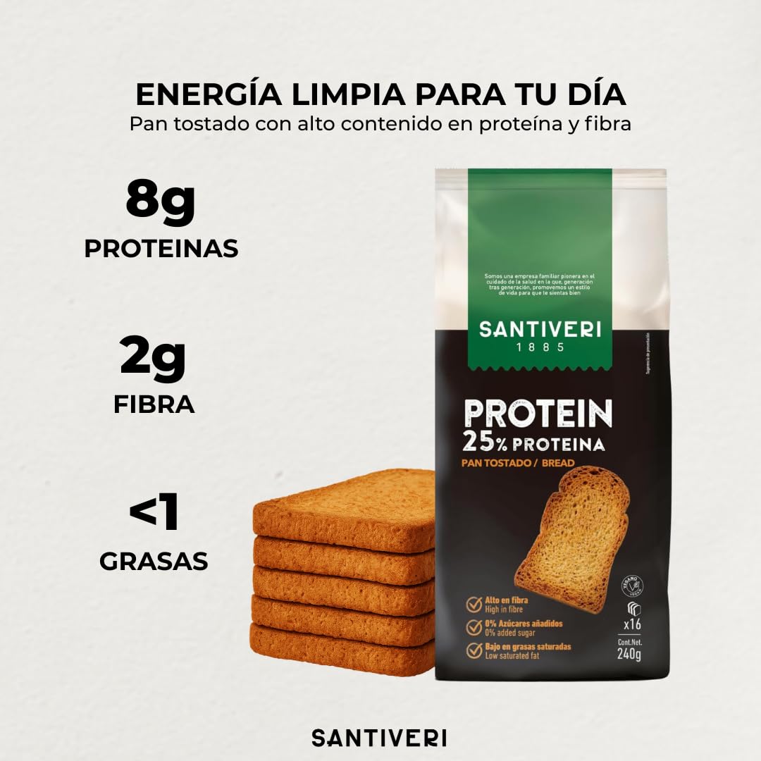 SANTIVERI – Pan Tostado Proteico con 25% de Proteína, Alto en Fibra, Pan Proteico con Proteína Vegetal, Bajo en Azúcares – 240 g