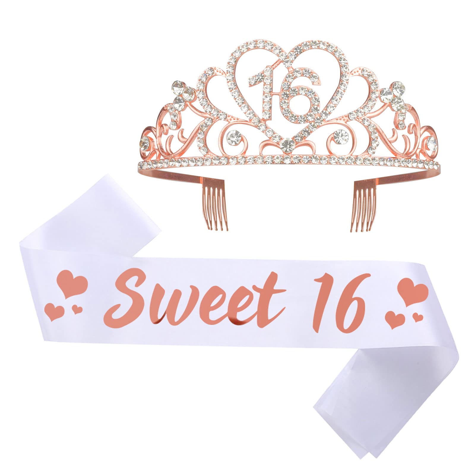 SKJIAYEE16th Birthday Tiara and Sash Kit - White Sweet 16" Birthday Sashes and Rose Gold 16 Birthday Rhinestone Crown Gifts for Girl Birthday Party Decorations Supplies