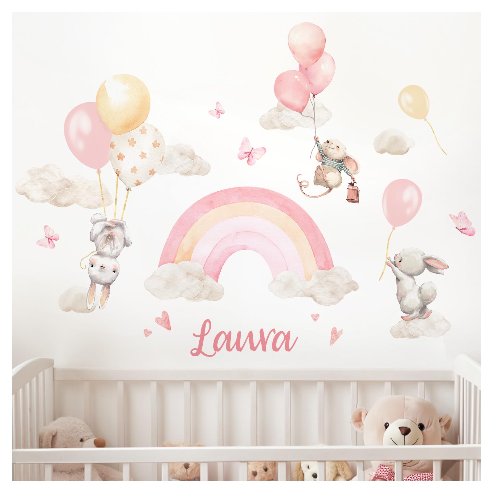 DEKO KINDERZIMMER Wandtattoo personalisiert Regenbogen für Mädchen Babyzimmer Wandsticker mit Wunschname Wandaufkleber Kinderzimmer Wanddeko DK1151-03