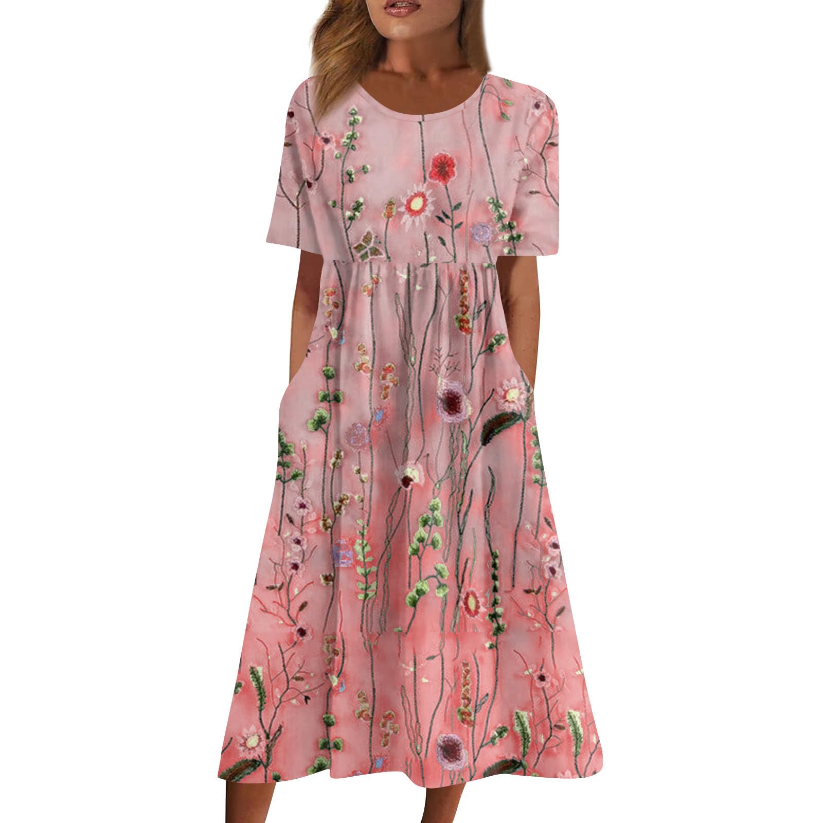 Dresses for Women 2024 Pocket Round Neck Beach Dress Printed Pleated Long Dresses Short Sleeve Swing Maxi Dress