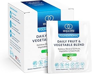 Equilife Daily Fruit & Vegetable Blend, Superfood Antioxidant Supplement, Crisp Apple Flavor with Vitamin C, Fiber, and 9 Essential Amino Acids, Supports Energy, Vegan, 14 Single Serve Packets