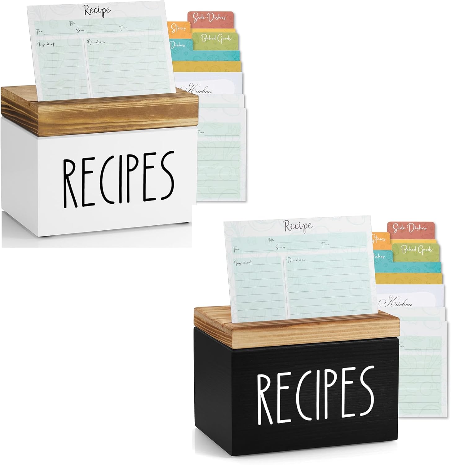 Recipe Box, Wood Recipe Card Box Set, Recipe Box with 100 Cards and 6 Dividers White& Black