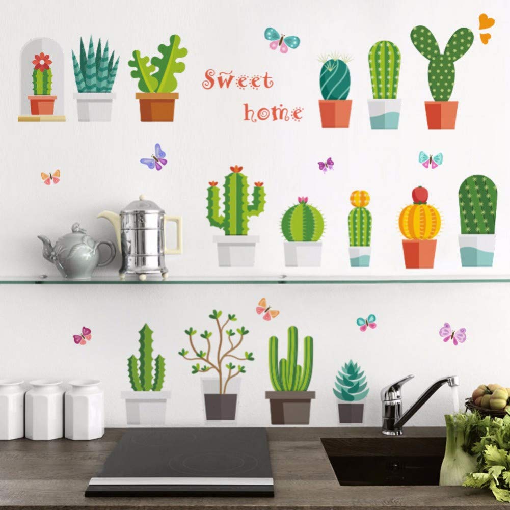 Wall Decorations Wall Stickers Nusery Décor LKJHG 3D Vivid Garden Potted Plants Wall Stickers Nursery Room Window Wardrobe Kitchen Decor Flower Butterfly Kids Room Prickly Pear