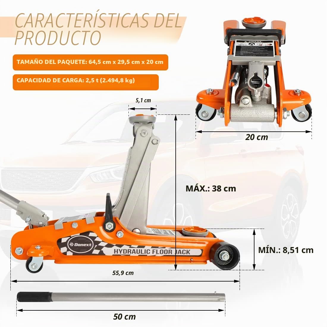 Gato de Piso de Acero Resistente de 2.5 toneladas de Perfil bajo y elevación rápida, Color Naranja