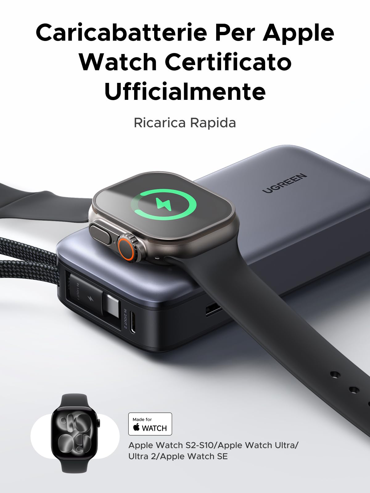 UGREEN Nexode 30W Power Bank 10000mAh Caricatore Portatile Ricarica Rapida | 4 IN 1, Cavo USB C Integrato, 2 Porte 1C1A, Ricarica Magnetica 5W per iWatch, Compatibile con iPhone 17 16 14 Galaxy S26 S25