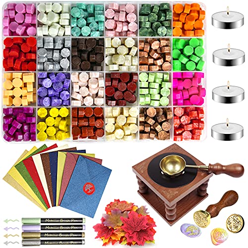 Wax Seal Stamp Kit for Wax Seal Stamp and Letter, 600Pcs Sealing Wax Beads with 24 Colors, Wax Seal Stamp Head,Wax Seal Warmer, Wax Spoon,Vintage Envelopes,for Cards Envelopes, Crafts and Decoration