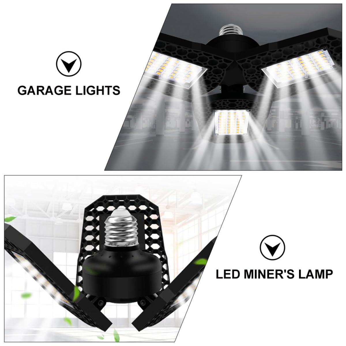 80w LED Folding Garage Light Triple-Leaf Foldable Ceiling Lamp with Bright White Light Garage and Warehouse Bay Lighting — view 3
