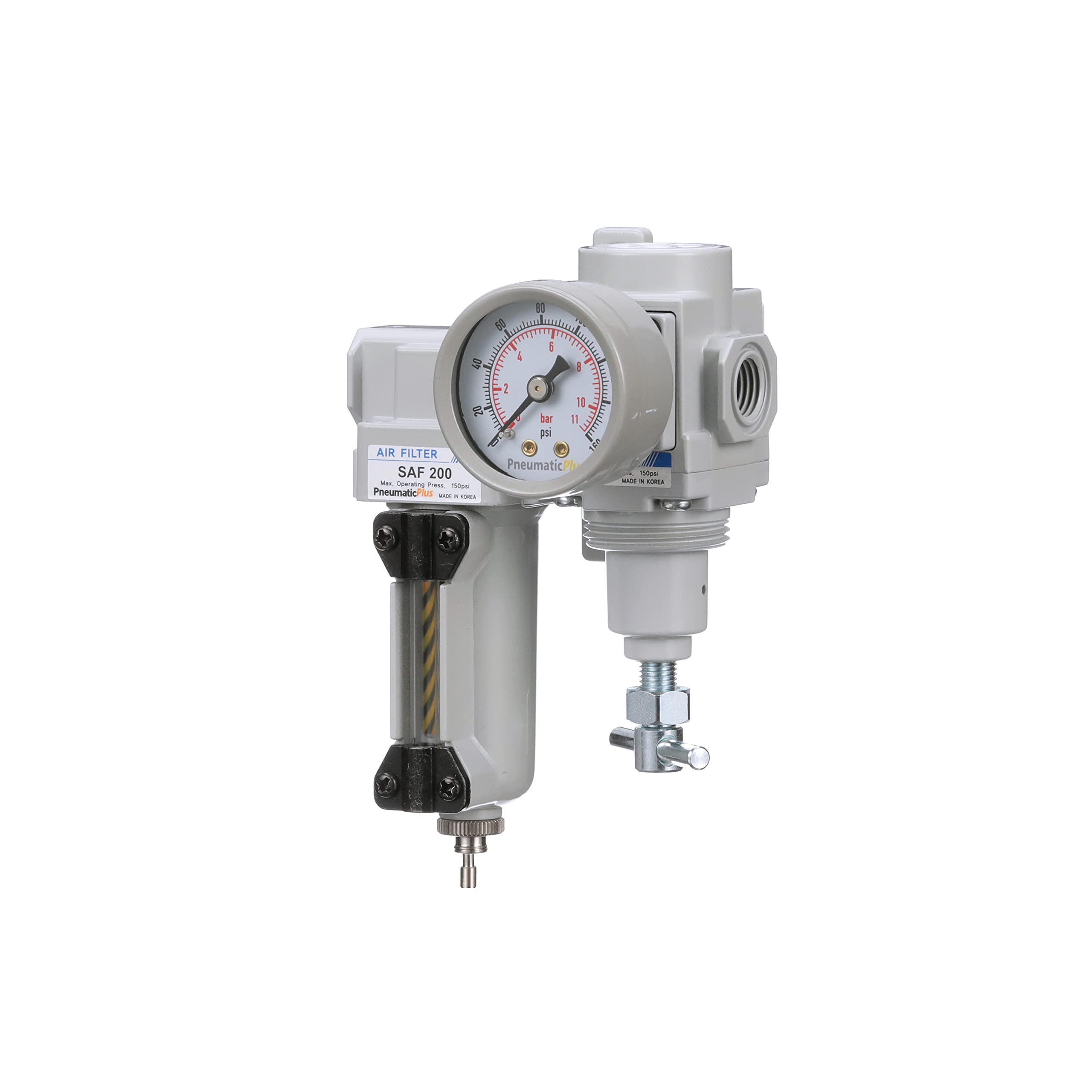 PneumaticPlus SAU220T-N02G-MEP Mini regulador de filtro de aire comprimido NPT de 1/4 pulgadas, mango en T, cuenco de metal, drenaje manual, soporte, medidor